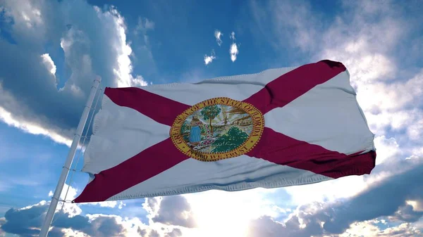 Florida vlag op een vlaggenmast zwaaiend in de wind in de lucht. De staat Florida in de Verenigde Staten. 3d destructie — Stockfoto