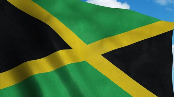 Bandeira da Jamaica acenando ao vento, fundo azul do céu. Renderização 3d — Fotografia de Stock