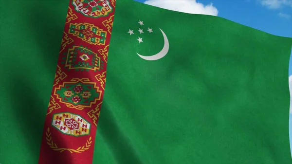 Turkmenistan flagga viftande i vinden, blå himmel bakgrund. 3d-konvertering — Stockfoto