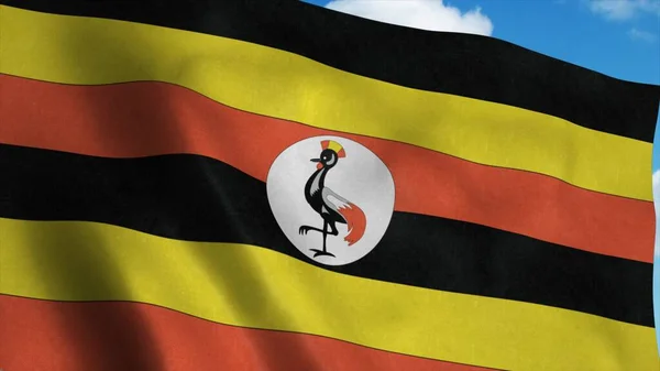 Bandiera Uganda sventola nel vento, sfondo cielo blu. rendering 3d — Foto Stock