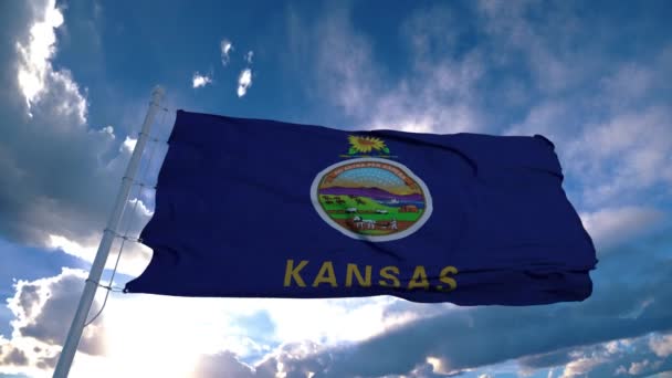 Kansas vlag op een vlaggenmast zwaaiend in de wind in de lucht. Staat Kansas in de Verenigde Staten van Amerika — Stockvideo
