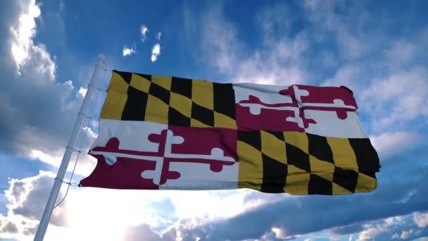 Bandera de Maryland en un asta de la bandera ondeando en el viento en el cielo. Estado de Maryland en Los Estados Unidos de América — Vídeo de stock