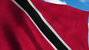 Trinidad ve Tobago bayrağı rüzgarda dalgalanıyor, mavi gökyüzü arka planı. 4K