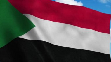 Rüzgarda dalgalanan Sudan bayrağı, mavi gökyüzü arka planı. 4K