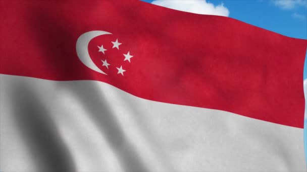 シンガポールのフラグは、風、青空の背景に手を振っ。4K — ストック動画