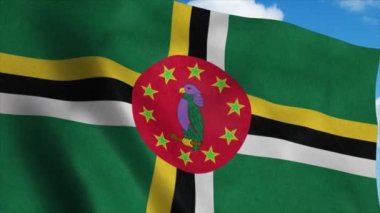 Dominicana bayrağı rüzgarda dalgalanıyor, mavi gökyüzü arka planı. 4K