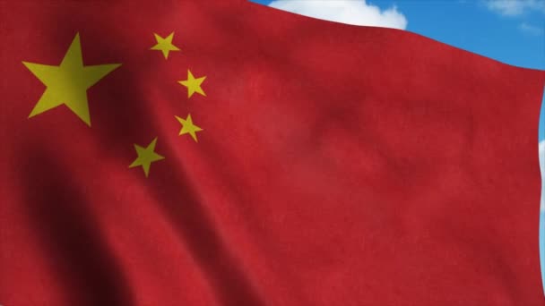 Röd kinesisk flagga vinkar i vinden, blå himmel bakgrund. 4K — Stockvideo