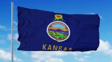 Rüzgarda dalgalanan bir bayrak direğinde Kansas bayrağı, mavi gökyüzü arka planı. 4K