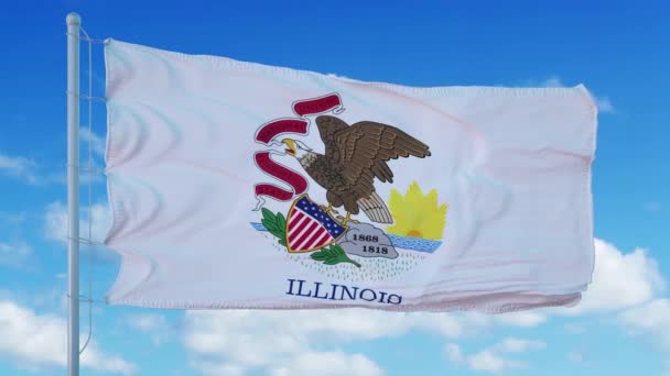 Illinois vlag op een vlaggenmast zwaaiend in de wind, blauwe lucht achtergrond. 4K — Stockvideo