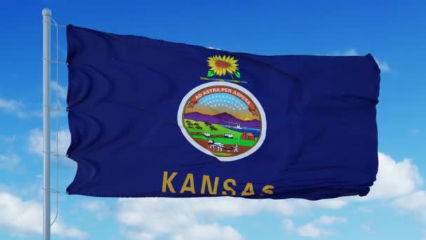 Drapeau du Kansas sur un mât de drapeau agitant dans le vent, fond bleu ciel. 4K — Video