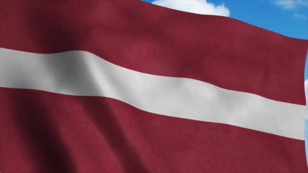 Letonia Bandera nacional ondeando en el viento, fondo cielo azul. 4K — Vídeos de Stock