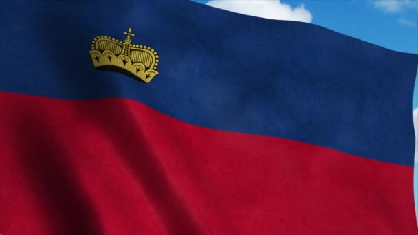 Liechtenstein vlag zwaaiend in de wind, blauwe lucht achtergrond. 4K — Stockvideo