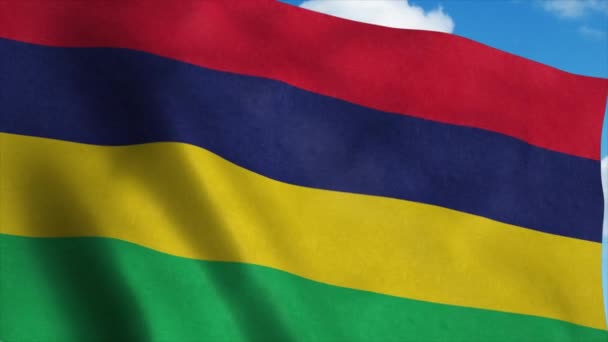 Mauritius zászló egy zászlórúdon integet a szélben, kék ég háttér. 4K — Stock videók