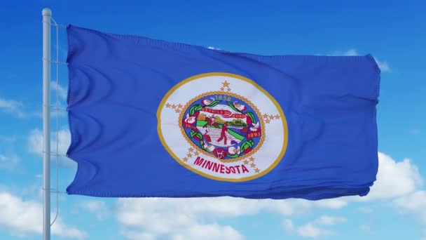 Minnesotská vlajka na stožáru vlnícím se ve větru, pozadí modré oblohy. 4K — Stock video