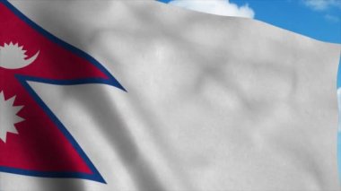 Rüzgarda dalgalanan bayrak direğinde Nepal bayrağı, mavi gökyüzü arka planı. 4K