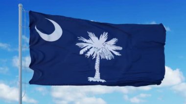 Güney Carolina bayrağı rüzgarda dalgalanan bayrak direğinde, mavi gökyüzü arka planında. 4K