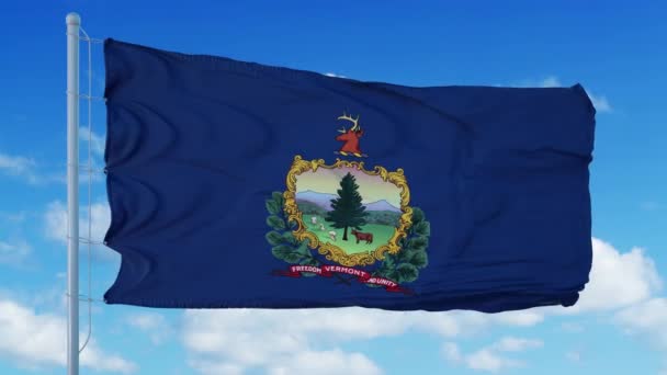Vermontská vlajka na stožáru vlnícím se ve větru, pozadí modré oblohy. 4K — Stock video