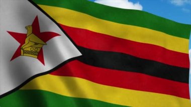 Rüzgarda dalgalanan bir bayrak direğinde Zimbabwe bayrağı, mavi gökyüzü arka planı. 4K
