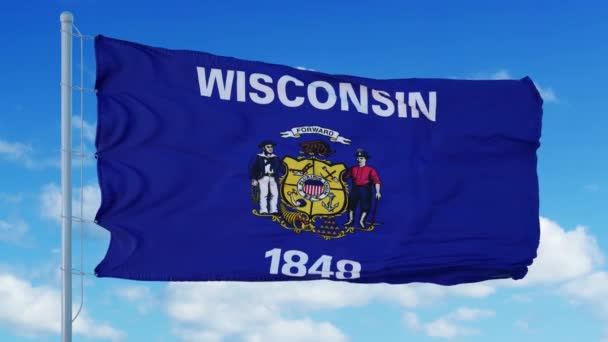 Bandeira de Wisconsin em um mastro de bandeira acenando ao vento, fundo azul do céu. 4K — Vídeo de Stock