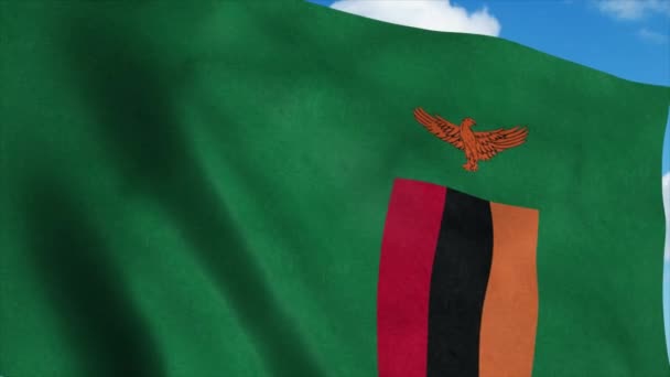 Zambia vlag op een vlaggenmast zwaaiend in de wind, blauwe lucht achtergrond. 4K — Stockvideo