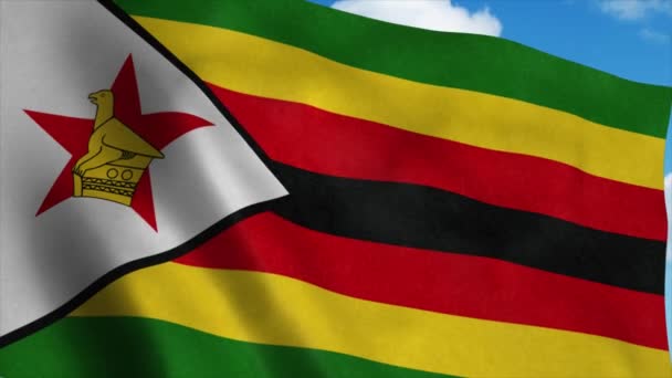 Flaga Zimbabwe na maszcie flagowym powiewającym na wietrze, niebieskie tło nieba. 4K — Wideo stockowe