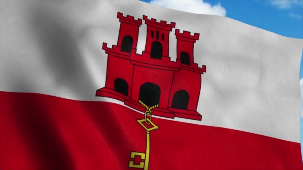 Bandeira de Gibraltar acenando ao vento, fundo azul do céu. 4K — Vídeo de Stock