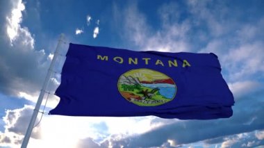 Montana bayrağı rüzgarda dalgalanan bir bayrak direğinde, mavi gökyüzü arka planında. 4K