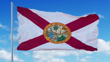 Rüzgarda dalgalanan Florida bayrağı, mavi gökyüzü arka planı. 3d oluşturma