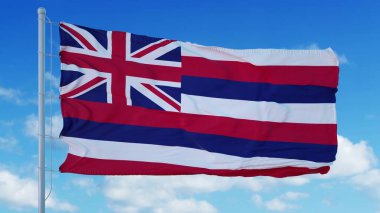 Rüzgarda dalgalanan bayrak direğinde Hawaii bayrağı, mavi gökyüzü arka planı. 3d oluşturma