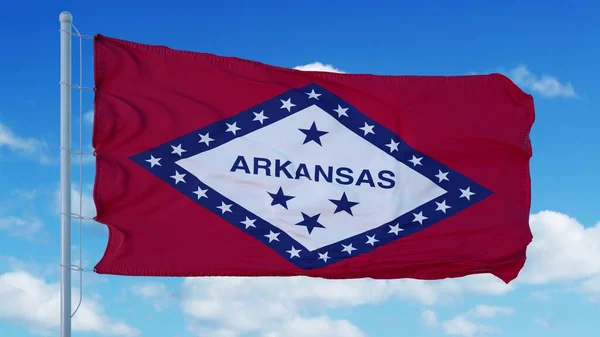 Arkansas vlag wapperend in de wind, blauwe lucht achtergrond. 3d destructie — Stockfoto