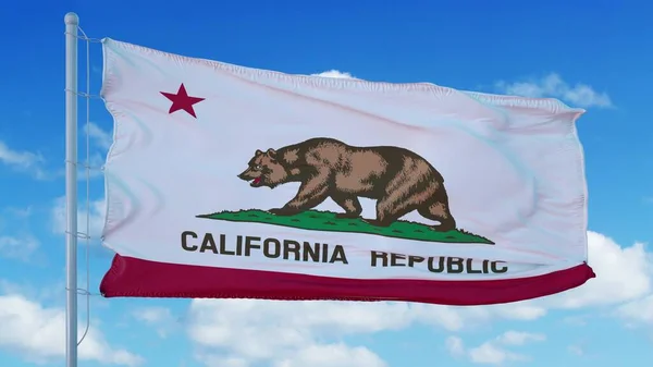 Σημαία Καλιφόρνιας κυματίζει στον άνεμο, μπλε φόντο του ουρανού. 3d απόδοση — Φωτογραφία Αρχείου