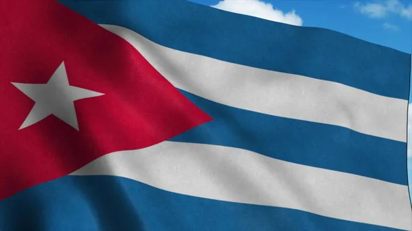 A bandeira nacional de Cuba acenando ao vento, fundo azul do céu. Renderização 3d — Fotografia de Stock