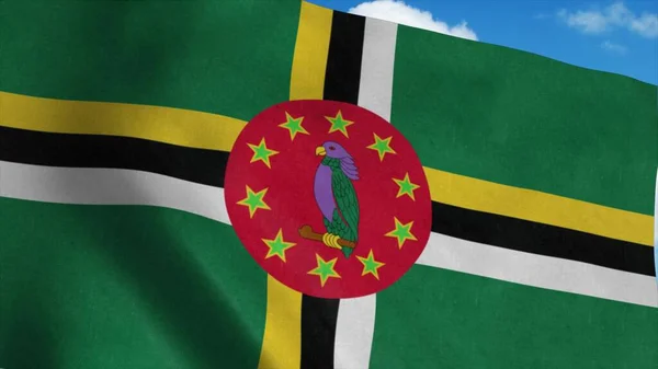 Dominicana vlajka vlnící se ve větru, modrá obloha pozadí. 3D vykreslování — Stock fotografie
