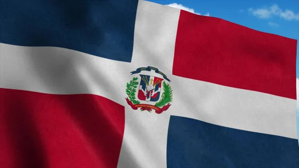 Великий прапор Домініканської Республіки розмахує вітром, синім небом. 3d рендеринг — стокове фото