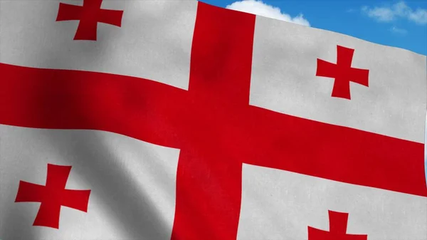 Bandeira nacional da Geórgia acenando ao vento, fundo azul do céu. Renderização 3d — Fotografia de Stock