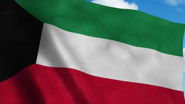 Kuvajtská vlajka vlající ve větru, pozadí modré oblohy. 3D vykreslování — Stock fotografie