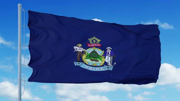 Maine flag na maszcie flagowym macha na wietrze, niebieskie tło nieba. 3d renderowanie — Zdjęcie stockowe