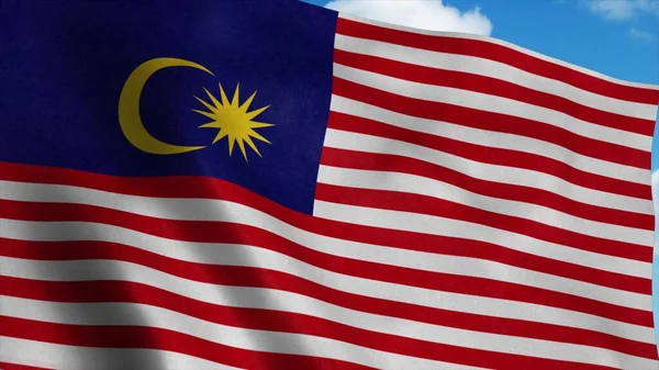 Bendera Malaysia melambai dalam angin, langit biru latar belakang. Rendering 3d — Stok Foto