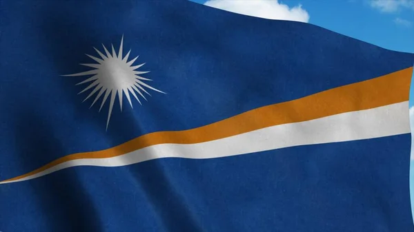 Flaga Wysp Marshalla falująca na wietrze, niebieskie tło nieba. 3d renderowanie — Zdjęcie stockowe