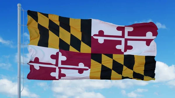 Bandeira de Maryland em um mastro acenando ao vento, fundo azul do céu. Renderização 3d — Fotografia de Stock