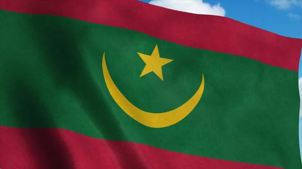 Mauritánia zászló zászlórúd integet a szél, kék ég háttér. 3D-s renderelés — Stock Fotó
