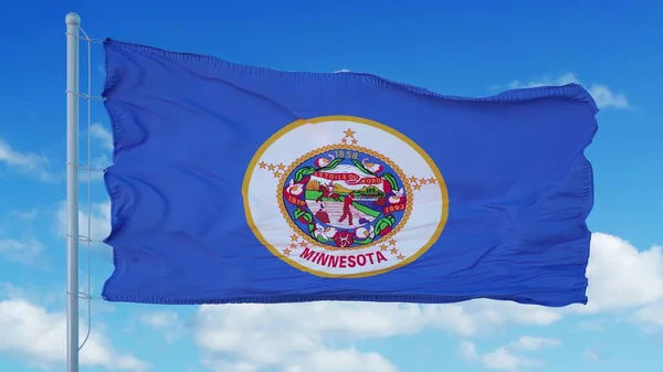 Flaga Minnesoty na maszcie flagowym machajacym na wietrze, niebieskie tlo nieba. 3d renderowanie — Zdjęcie stockowe