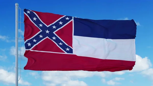 Mississippi flag on a flagpole waving in the wind, blue sky background. 3d rendering — Stock Photo, Image