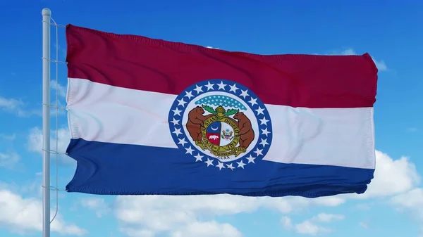 Missouri Flagge auf einem Fahnenmast weht im Wind, blauer Himmel Hintergrund. 3D-Darstellung — Stockfoto