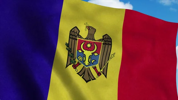 Moldavská vlajka na vlajkovém stožáru vlnícím se ve větru, pozadí modré oblohy. 3D vykreslování — Stock fotografie