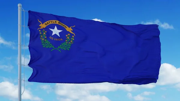 Nevada flag on a flagpole waving in the wind, blue sky background. 3d rendering — Stock Photo, Image