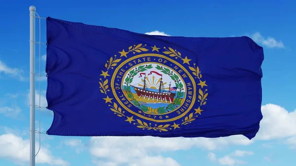 New Hampshire bayrağı rüzgarda dalgalanan bayrak direğinde, mavi gökyüzü arka planında. 3d oluşturma — Stok fotoğraf