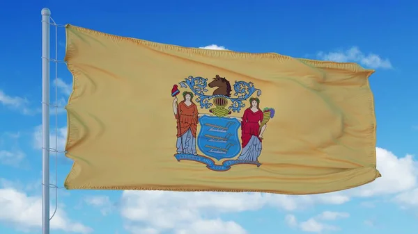 旗竿にニュージャージー州のフラグは、風、青空の背景に手を振っ。3Dレンダリング — ストック写真