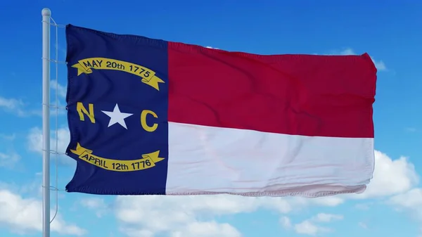 North Carolina flag on a flagpole waving in the wind, blue sky background. 3d rendering