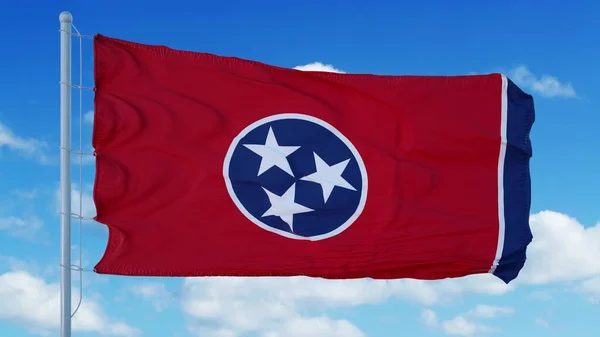 Tennessee flag on a flagpole waving in the wind, blue sky background. 3d rendering — Stock Photo, Image